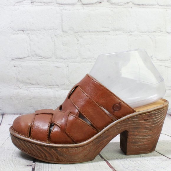 Born Shoes - Born Brown Leather Slip On Woven Clogs Casual Heeled Mules Size 7 Medium